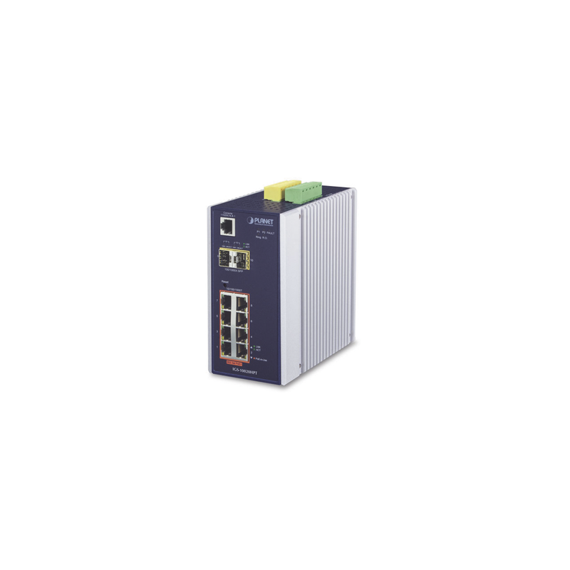 Switch Industrial Administrable Capa 2, 8 puertos PoE Gigabit 802.3af/at, 2 Puertos SFP de 1 / 2.5 Gigabit, Entrada de Voltaje Secundaria para Fuente Redundante