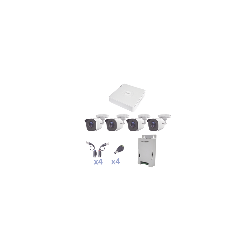 KIT TurboHD 1080 Lite / DVR 4 Canales / 4 Cámaras Bala (exterior 2.8 mm) / Transceptores / Conectores / Fuente de Poder Profesional