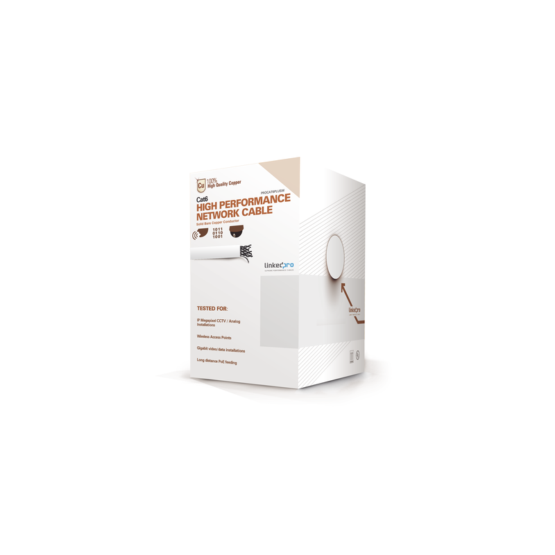 Bobina de cable de 305 metros de cable Cat6 de alto desempeño, super flexible, UL, Cobre, color blanco, para aplicaciones de video vigilancia y redes de datos