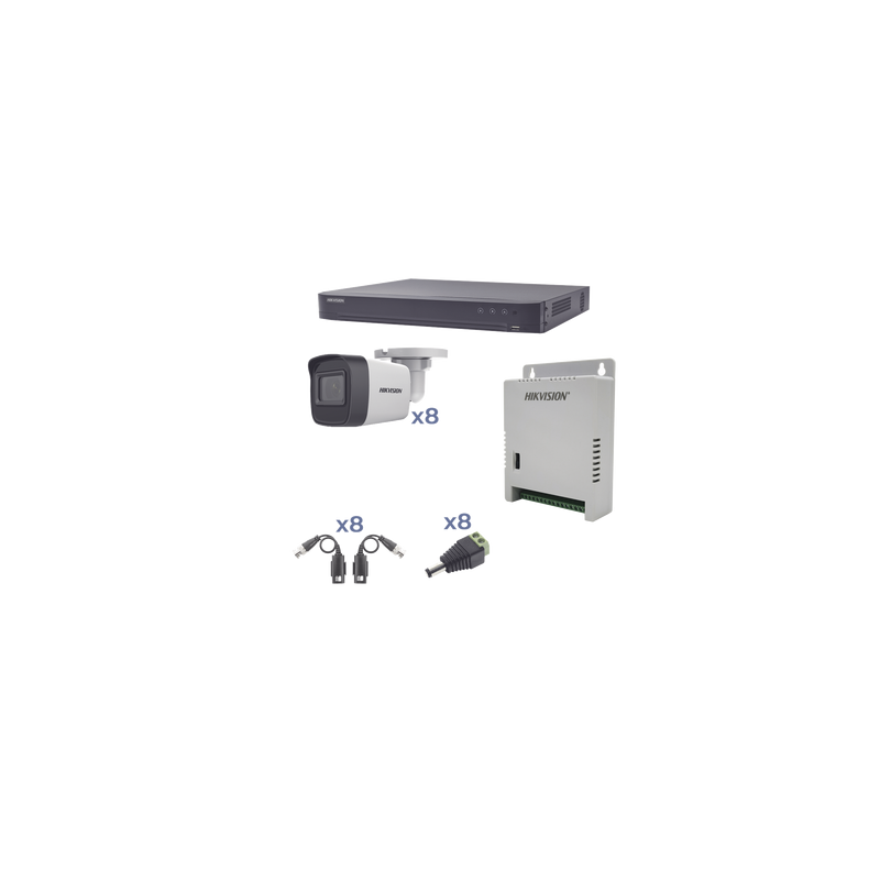 KIT TurboHD 1080p / DVR 8 Canales / 8 Cámaras Bala (exterior 2.8 mm) / Transceptores / Conectores / Fuente de Poder Profesional hasta 15 Vcc para Larga Distancia