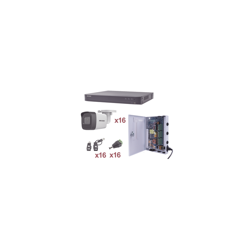 KIT TurboHD 1080p / DVR 16 Canales / 16 Cámaras Bala (exterior 2.8 mm) / Transceptores / Conectores / Fuente de Poder Profesional