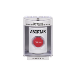 Botón de Abortar, Bocina de Advertencia Integrada, Texto en Español, Tapa Protectora de Policarbonato Súper Resistente con Espaciador, Restablecimiento con Llave