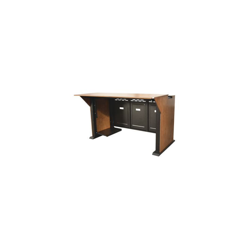 Consola Profesional para Monitoreo | Con Porta PC | Con Tomacorriente | Tapas Removibles | Color Negro y Nogal con Veta | Lamina de Acero Rolado Calibre 18 | Pintura en Polvo Electrostática.