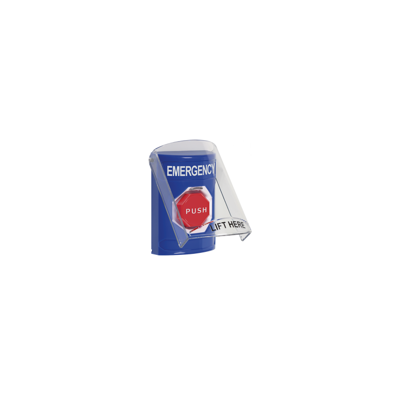 Botón Multipropósito, Color Azul, De Superficie, Con Tapa De Policarbonato, Con Bocina Pre Alarma, Para Interior, Llave Para Restablecer, Texto De Emergencia, Ingles