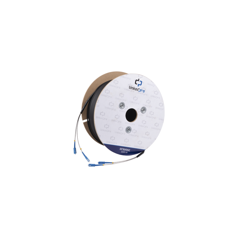 Carrete de Fibra Óptica Monomodo con Conectores SC-SC Duplex, Reforzada con Kevlar, de 300 metros, Para instalaciones subterráneas por tubería