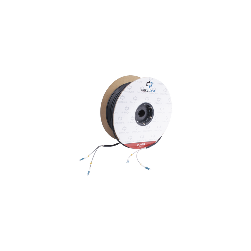 Carrete de Fibra Óptica Monomodo con conectores LC-LC Duplex, Reforzada con Kevlar, de 200 metros, Para instalaciones subterráneas por tubería