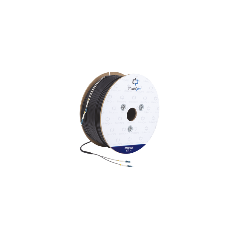 Carrete de Fibra Óptica Monomodo con conectores LC-LC Duplex, Reforzada con Kevlar, de 300 metros, Para instalaciones subterráneas por tubería