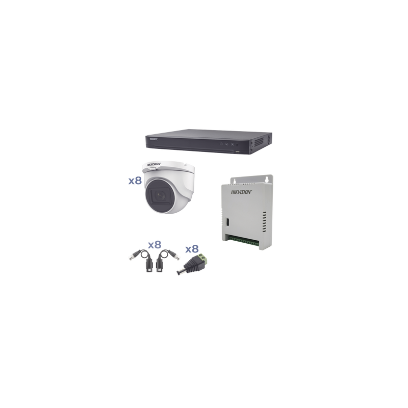 Kit TURBOHD 1080p / DVR 8 Canales / 8 Cámaras Turret (exterior 2.8 mm) / Conectores / Transceptores / Fuente de Poder Profesional hasta 15 Vcc para Larga Distancia