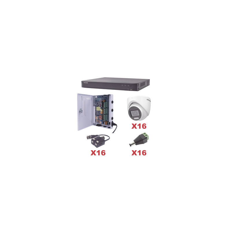 KIT TurboHD 1080p / DVR 16 Canales / 16 Cámaras Turret con Audio Integrado (Exterior 2.8 mm) / Transceptores / Conectores / Fuente de Poder Profesional