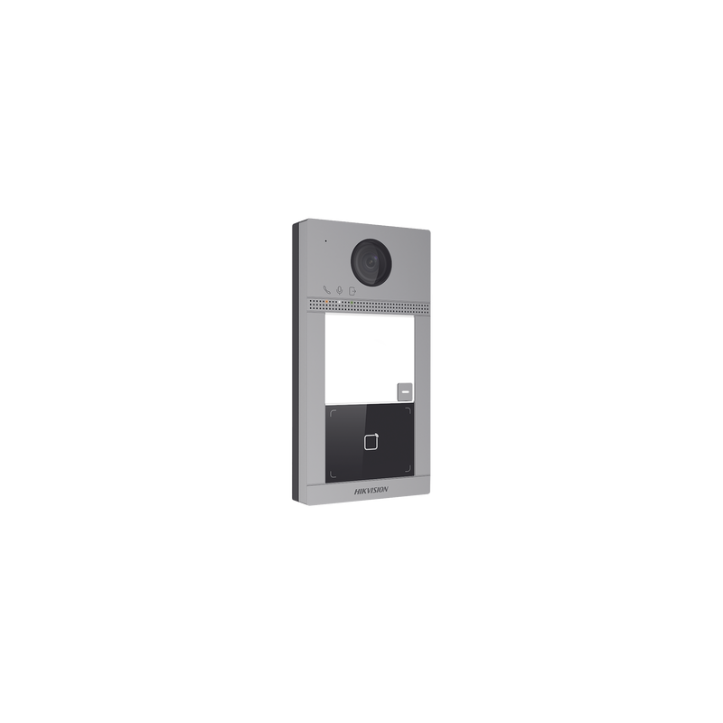 Videoportero IP 2 Megapixel / Llamada y Apertura Remota desde App Hik-Connect / PoE / Exterior IP65 + Antivandalico IK08 / 1 Departamento / Apertura con Tarjeta / Soporta 2 Puertas y hasta 6 Monitores