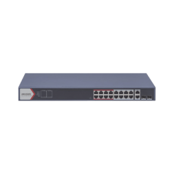 Switch PoE+ / Monitoreable / 16 puertos 10/100 Mbps PoE+ / 2 Puertos 1000 Mbps Uplink / 2 Puertos SFP de Uplink /  Configuración Nube Hik-Partner Pro / Modo Extendido hasta 300 metros / 230 W 
