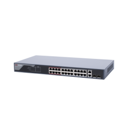 Switch  PoE+ / Monitoreable / 24 Puertos 100 Mbps PoE+ / 2 Puertos 1000 Mbps + 2 Puertos SFP de Uplink (COMBO) / Configuración Nube Hik-Partner Pro / Modo Extendido hasta 300 Metros / 370 Watts