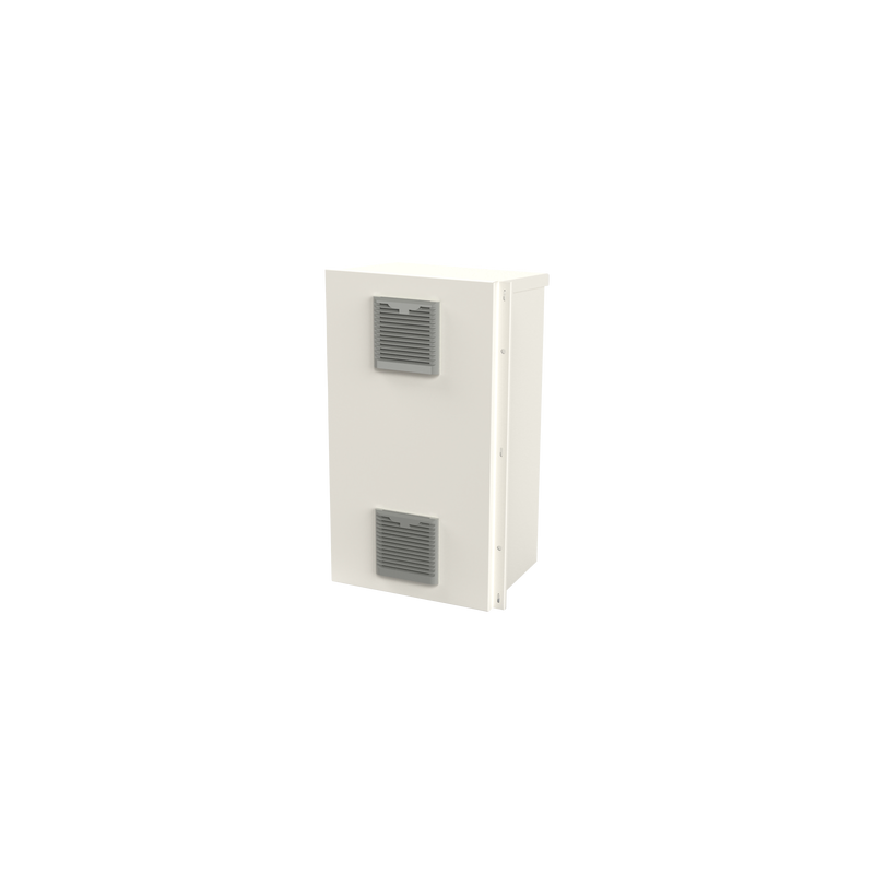 Gabinete Acero Galv. para 2 Baterías PL110D12  (400 x 730 x 300mm). Puerta Ventilada. Acc. para piso o poste No incluidos.