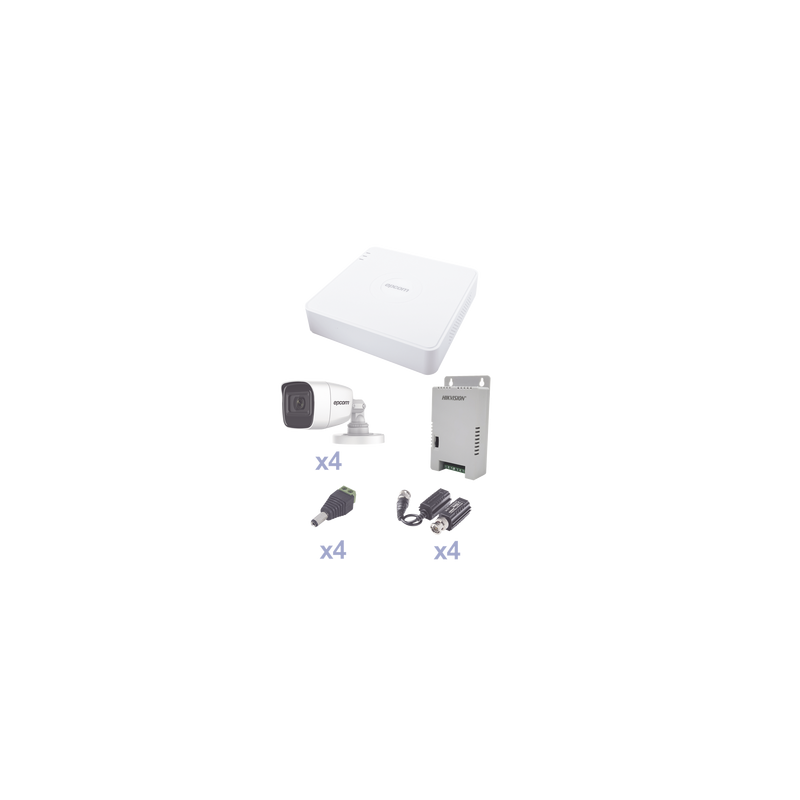 KIT TurboHD con Audio 1080p / DVR 4 Canales / 4 Cámaras Bala (exterior 2.8 mm) / Transceptores / Conectores / Fuente de Poder / AUDIO POR COAXITRON