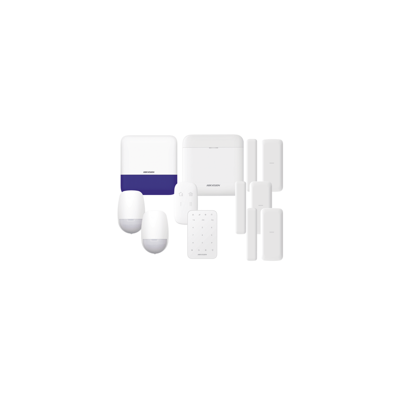 (AX PRO) KIT de Alarma AX PRO / Incluye: 1 Hub con batería de respaldo/ 2 Sensores PIR / 3 Contactos Magnéticos mini / 1 Control Remoto / 1 Sirena Inalambrica Exterior /1 Teclado Inalámbrico / WiFi / Compatible con Hik-Connect P2P