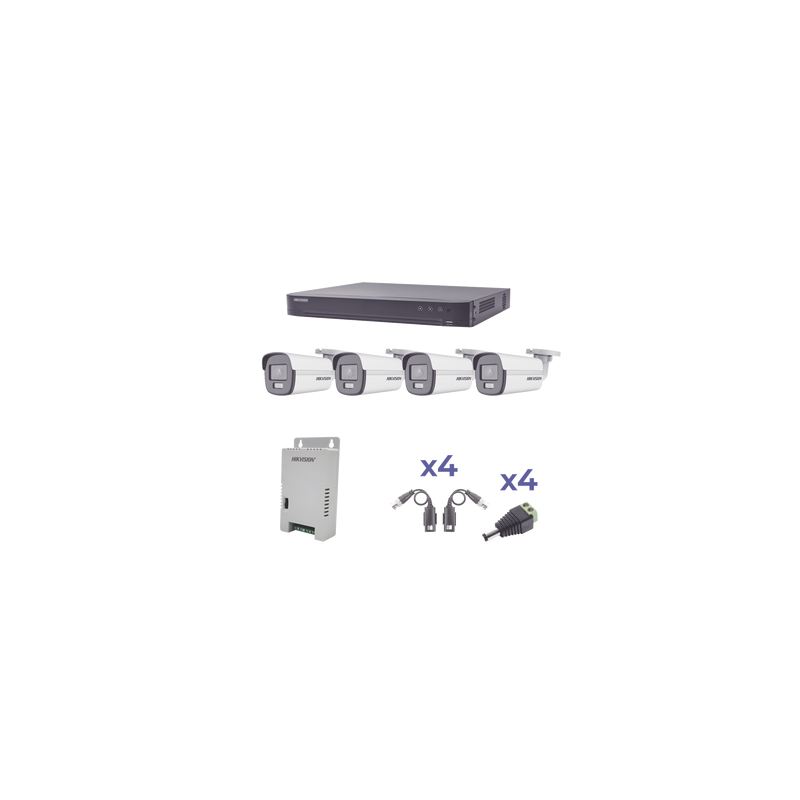 KIT COLORVU TURBOHD 1080p / DVR 4 Canales / 4 Cámaras Bala (exterior) lente 2.8mm / Fuente de poder profesional / Transceptores de video y Accesorios de corriente