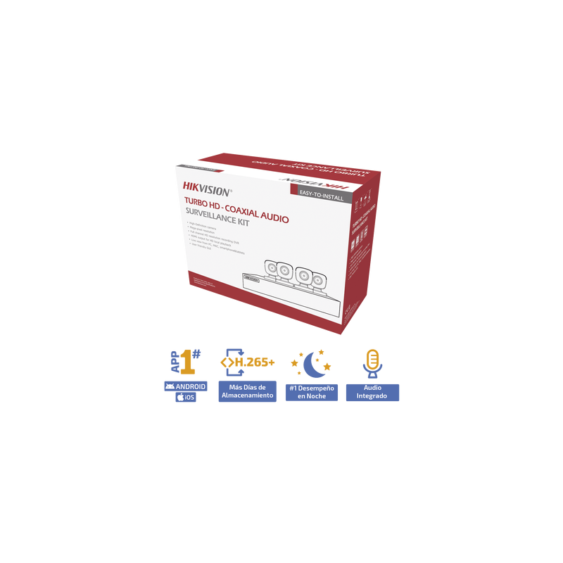 (MICRÓFONO INTEGRADO) KIT TURBOHD 5 Megapixel / DVR 4 Canales / 4 Cámaras Bala con Micrófono Integrado (exterior 2.8 mm) / Fuente de Poder / Accesorios de Instalación