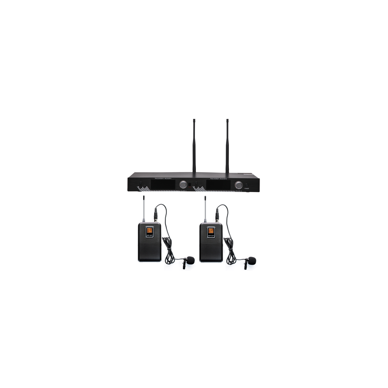 Kit de Microfonía inalámbrico | 2 Micrófonos de Lavalier | Receptor UHF | Pantalla LCD | 200 Canales | Gran cobertura
