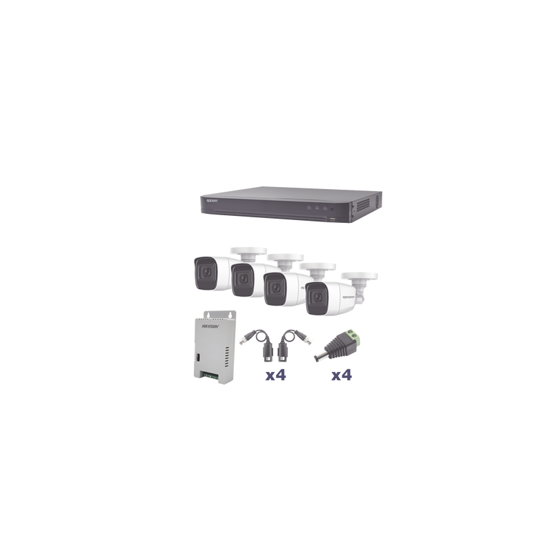 KIT TurboHD 1080p / DVR 4 Canales / 4 Cámaras Bala Policarbonato con Audio Integrado (exterior 2.8 mm) / Transceptores / Conectores / Fuente de Poder Profesional