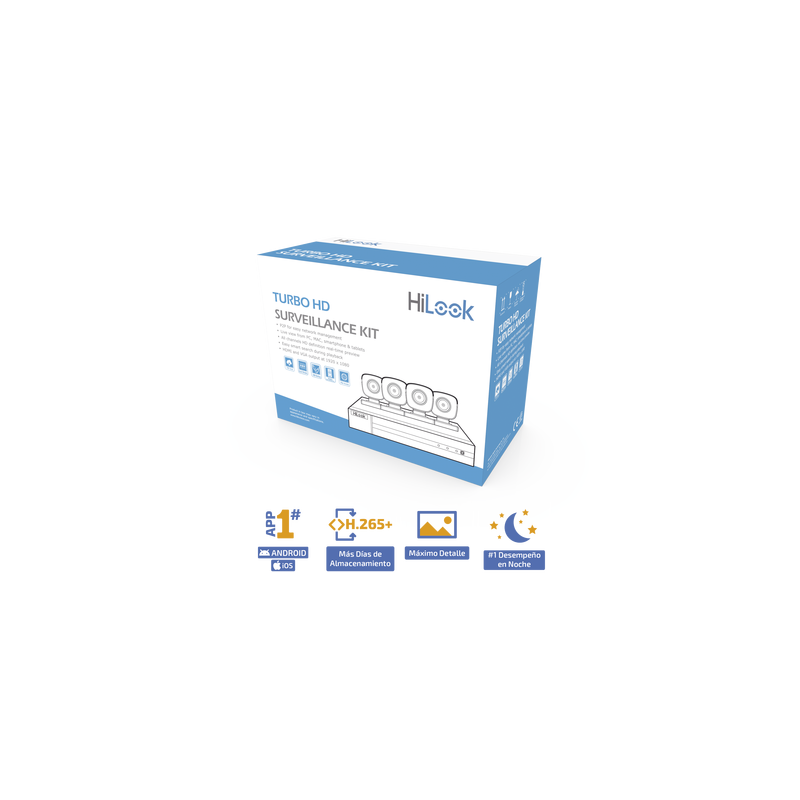 KIT TurboHD 1080p / DVR 8 canales con H.265+ / 4 Cámaras Bala Metálicas / Fuente de Poder / Accesorios de Instalación