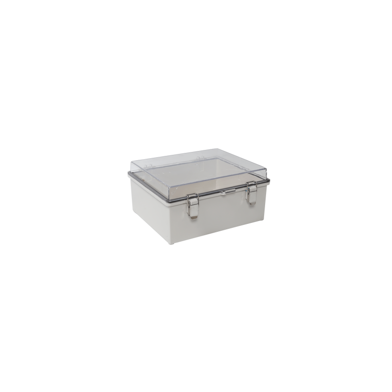 Gabinete Plástico ABS, Puerta Transparente, Uso en Intemperie IP66 (170 x 220 x 110 mm) Cierre por Broches Inoxidables y Permite Cerrado por Candado y Llave (Perno 5mm) No Incluido