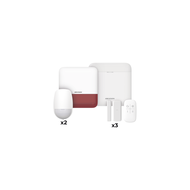 (AX PRO) KIT de Alarma AX PRO / Incluye: 1 Hub con batería de respaldo / 2 Sensores PIR / 3 Contactos Magnéticos mini / 1 Control Remoto / 1 Sirena Inalambrica Exterior color rojo  / WiFi / Compatible con Hik-Connect P2P