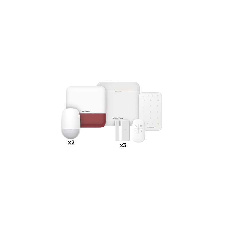 (AX PRO) KIT de Alarma AX PRO / Incluye: 1 Hub / 2 Sensores PIR / 3 Contactos Magnéticos mini / 1 Control Remoto / 1 Sirena Estrobo en color Rojo Inalámbrica Exterior /1 Teclado Inalámbrico / Wi-Fi / Compatible con Hik-Connect P2P