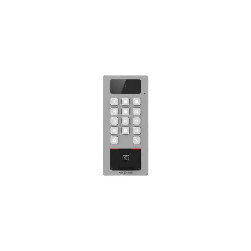 Terminal de Control de Acceso / Videoportero Multiapartamento Llamada a App / Teclado / Exterior Antivandálico IP65 & IK09 / Huella, Tarjeta, Código QR, PIN o App Hik-Connect  / Cámara 2 MP compatible con NVRs