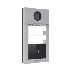 Videoportero IP 2 Megapixel / Llamada y Apertura Remota desde App Hik-Connect (requiere monitor) / PoE / Exterior IP65 + Antivandalico IK08 / 2 Departamentos / Apertura con Tarjeta / Soporta 2 Puertas y hasta 6 Monitores