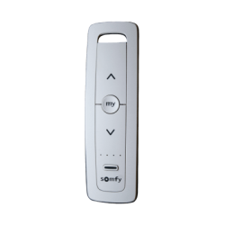 Control remoto 5 canales para motores de persiana Somfy con señal inalámbrica, instrucciones: sube, baja y detener, con posición favorita programada.