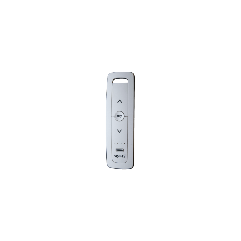 Control remoto 5 canales para motores de persiana Somfy con señal inalámbrica, instrucciones: sube, baja y detener, con posición favorita programada.
