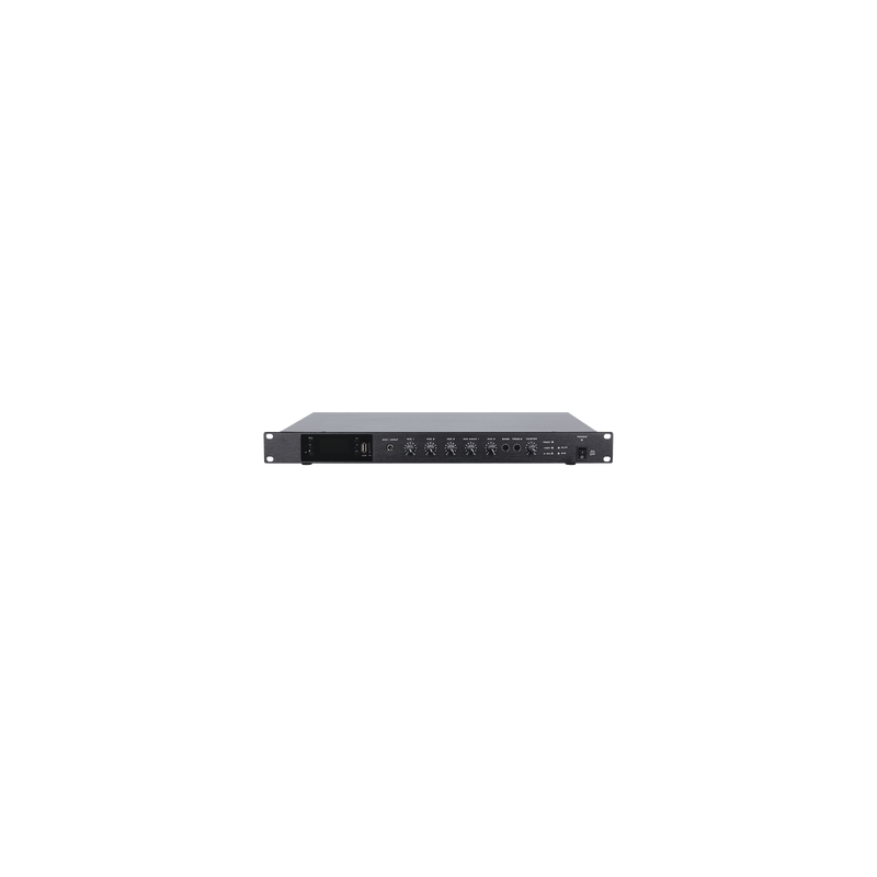 Amplificador de Audio | 1 canal | 350 W | Sistema 100V y Baja Impedancia | 4 Entradas de Micrófono Balanceadas | Bluetooth | USB | SD | FM | Montaje en Rack