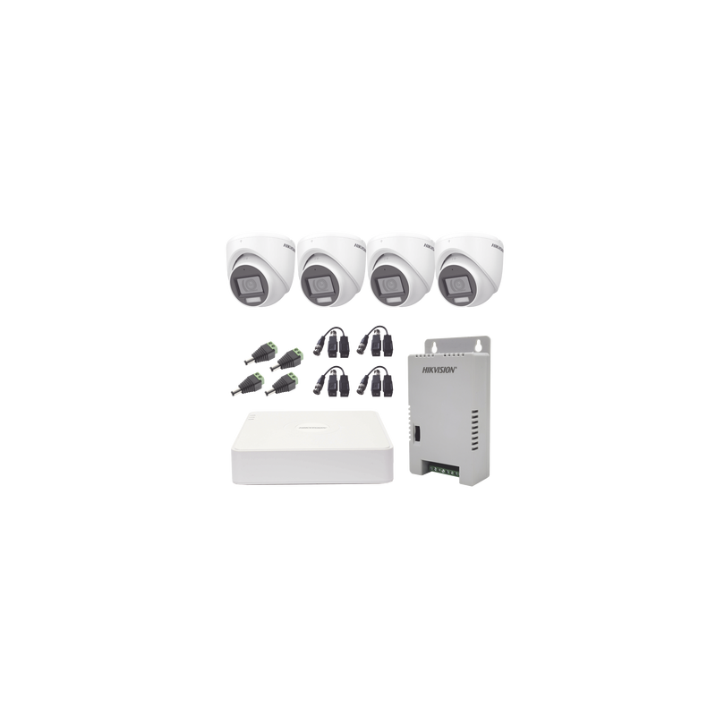 KIT TurboHD 1080p / DVR 4 Canales con audio por coaxitron / 4 Cámaras con Micrófono y  106° Visión/  luz blanca + IR visión nocturna  / Transceptores / Conectores / Fuente de Poder Profesional