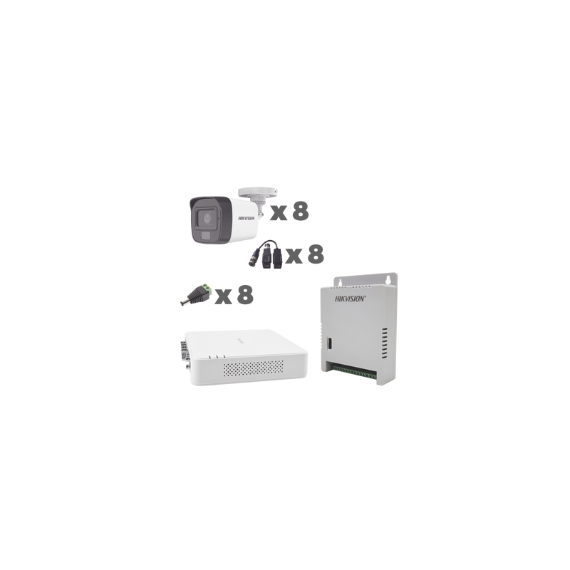 KIT TurboHD 1080p / DVR 8 Canales con audio por coaxitron / 8 Cámaras con Micrófono Integrado 101° Visión/  luz blanca + IR visión nocturna  / Transceptores / Conectores / Fuente de Poder Profesional