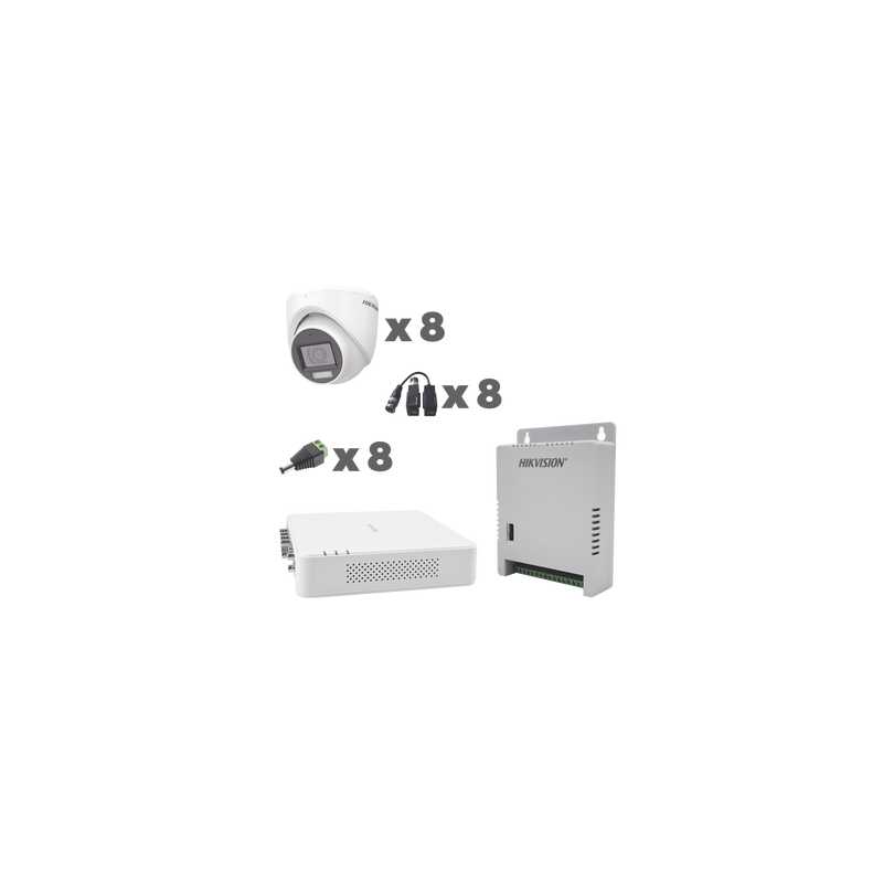 KIT TurboHD 1080p / DVR 8 Canales con audio por coaxitron / 8 Cámaras con Micrófono Integrado 101° Visión/  luz blanca + IR visión nocturna  / Transceptores / Conectores / Fuente de Poder Profesional