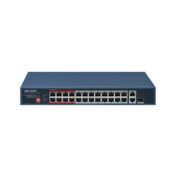 Switch PoE+ / No Administrable / 24 Puertos 10/100 Mbps PoE+ / 2 Puertos 1000 Mbps Uplink / 1 Puerto SFP Uplink / Modo Extendido hasta 300 Metros / 230 W