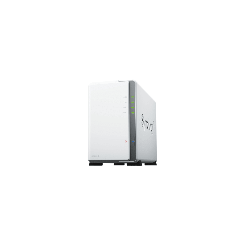 NAS DiskStation DS223j | 2 Bahías | CPU Realtek RTD1619B 1.7 GHz | 1 GB DDR4 | Puerto 1GbE RJ-45 | USB 3.2 Gen 1 | Compatible con HDD y SSD | Synology DSM | RAID 0, 1, JBOD | SMB, AFP, NFS, FTP | Vigilancia IP