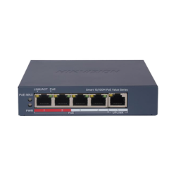 Switch PoE+ / Administrable / 4 Puertos 10/100 Mbps PoE+ / 1 Puerto 10/100 Mbps Uplink / Configuración Nube Hik-PartnerPro / Modo Extendido hasta 300 Metros /  45 W