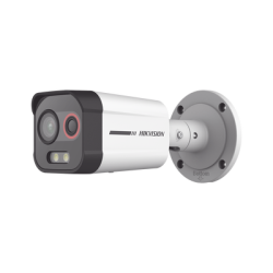 Bala IP Dual / Térmica 2.6 mm (96 x 72) / Óptico 6 mm (4 Megapixel) / Detección de Intrusión por VCA 30 mts /30 mts Luz Blanca / Exterior IP67 / PoE / Sirena y Luz Intermitente Integrada / Micro SD / ColorVu y ACUSENSE 