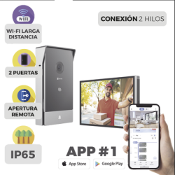 Videoportero IP Conexión a 2 Hilos / Con Monitor Wi-Fi para Interior / Frente de Calle  IP65 Uso En Exterior Debe Tener Protección / Cámara 3 Megapíxel / Llamada a la App / Apertura remota  / Soporta 2 Puertas / Ranura para Mic
