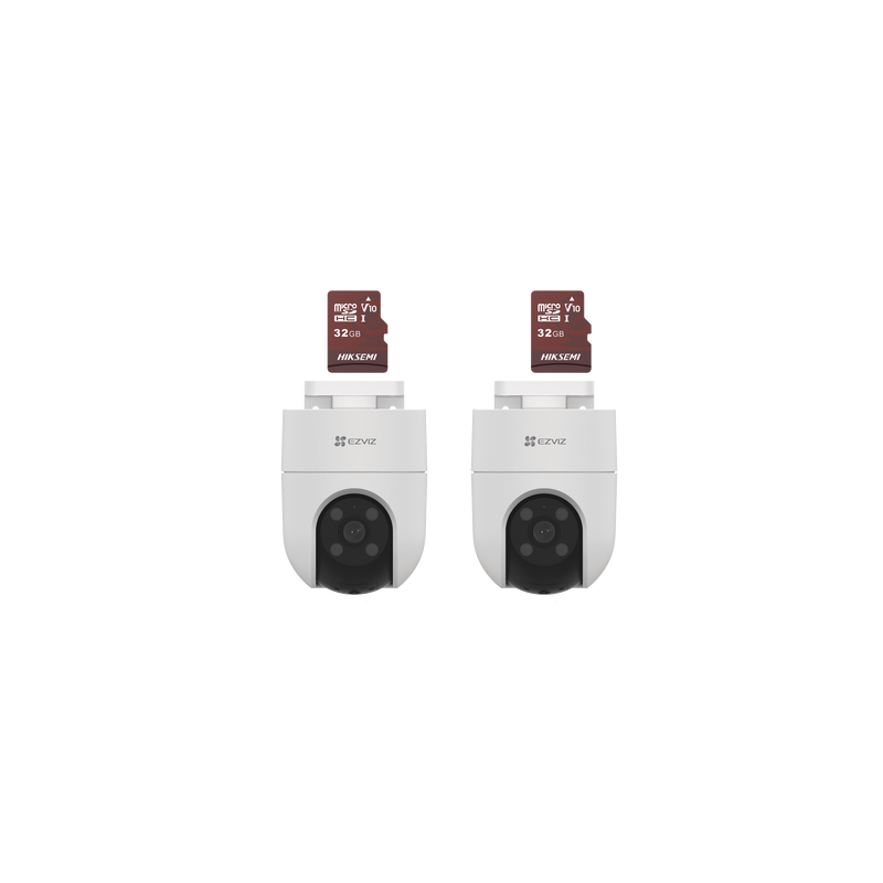 Kit de Camaras WiFi, Incluye 2 Piezas CS-H8C y 2 Piezas HS-TF-E1/32G / Audio de Dos Vías / Detección de Movimiento /  Luz Estroboscópica / Sirena  /  Uso en Exterior con Protección