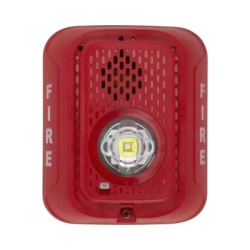 Sirena con Lámpara LED Estroboscópica / a 2 Hilos / Montaje en Pared / 24 Vcd / Configuración Estroboscópica Seleccionable / Texto en Inglés / Color Rojo 