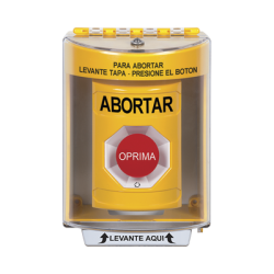 Botón de Abortar, Texto en Español, Tapa Protectora de Policarbonato Súper Resistente, Girar para restablecer