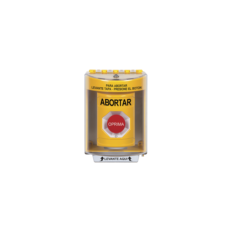 Botón de Abortar, Texto en Español, Tapa Protectora de Policarbonato Súper Resistente, Girar para restablecer