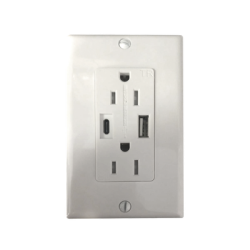 Contacto Dúplex con puertos USB Tipo A y C, 15 A, 100 - 240 V, USB 5 V, Incluye la Placa.