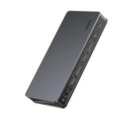 HUB USB-C (Docking Revodok Pro 209) 9 en 1 | 2 HDMI 4K@60Hz | 2 DP 4K@60Hz | 1 USB-A 3.2 (10 Gbps) | 2 USB-A 3.2 (10 Gbps) | 1 USB-C PD Carga 100W | 1 USB-C para conexión de PC | RJ45 (Gigabit) | Botón de encendido | Caja de Aluminio.
