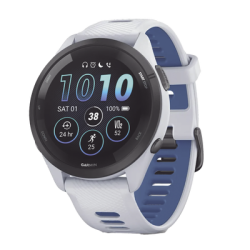 Forerunner® 265, Bisel negro con carcasa en blanco y correa de silicona en blanco/azul