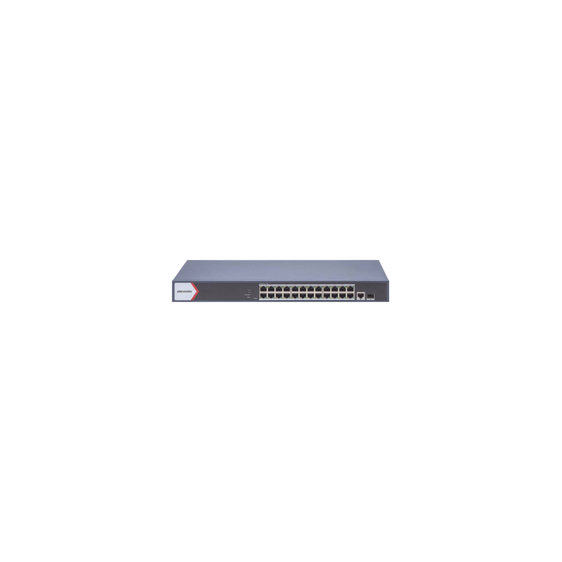 Switch Gigabit PoE+ / Administrable / 24 Puertos 1000 Mbps PoE+ /  1 Puerto 100 uplink / 1 Puerto 1000 Mbps Uplink / 1 Puertos SFP Uplink / Configuración Nube desde Hik-PartnerPro / Modo Extendido hasta 300 Metros / 370 W