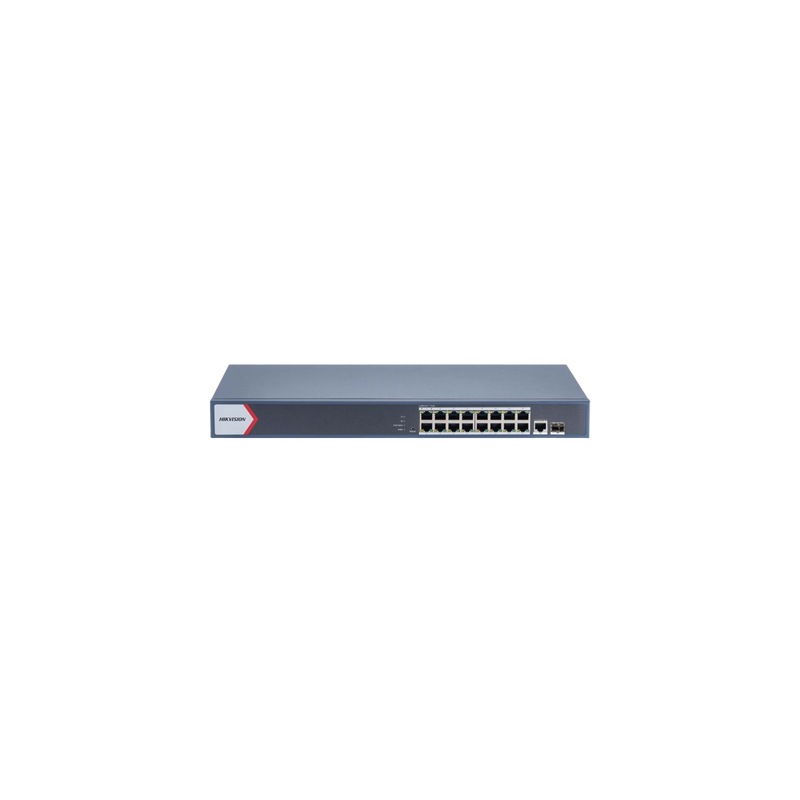 Switch Gigabit PoE+ / Administrable / 16 Puertos 1000 Mbps PoE+ / 1 Puerto 1000 Mbps de Uplink / 1 Puerto SFP /  Configuración Nube desde Hik-Partner Pro / Modo Extendido hasta 300 Metros / 230 Watts