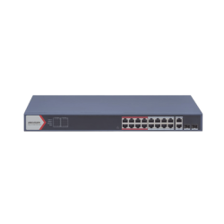 Switch PoE+ / Monitoreable / 16 puertos 10/100 Mbps PoE+ / 2 Puertos 1000 Mbps Uplink / 2 Puertos SFP de Uplink /  Configuración Nube Hik-Partner Pro / Modo Extendido hasta 300 metros / 230 W 
